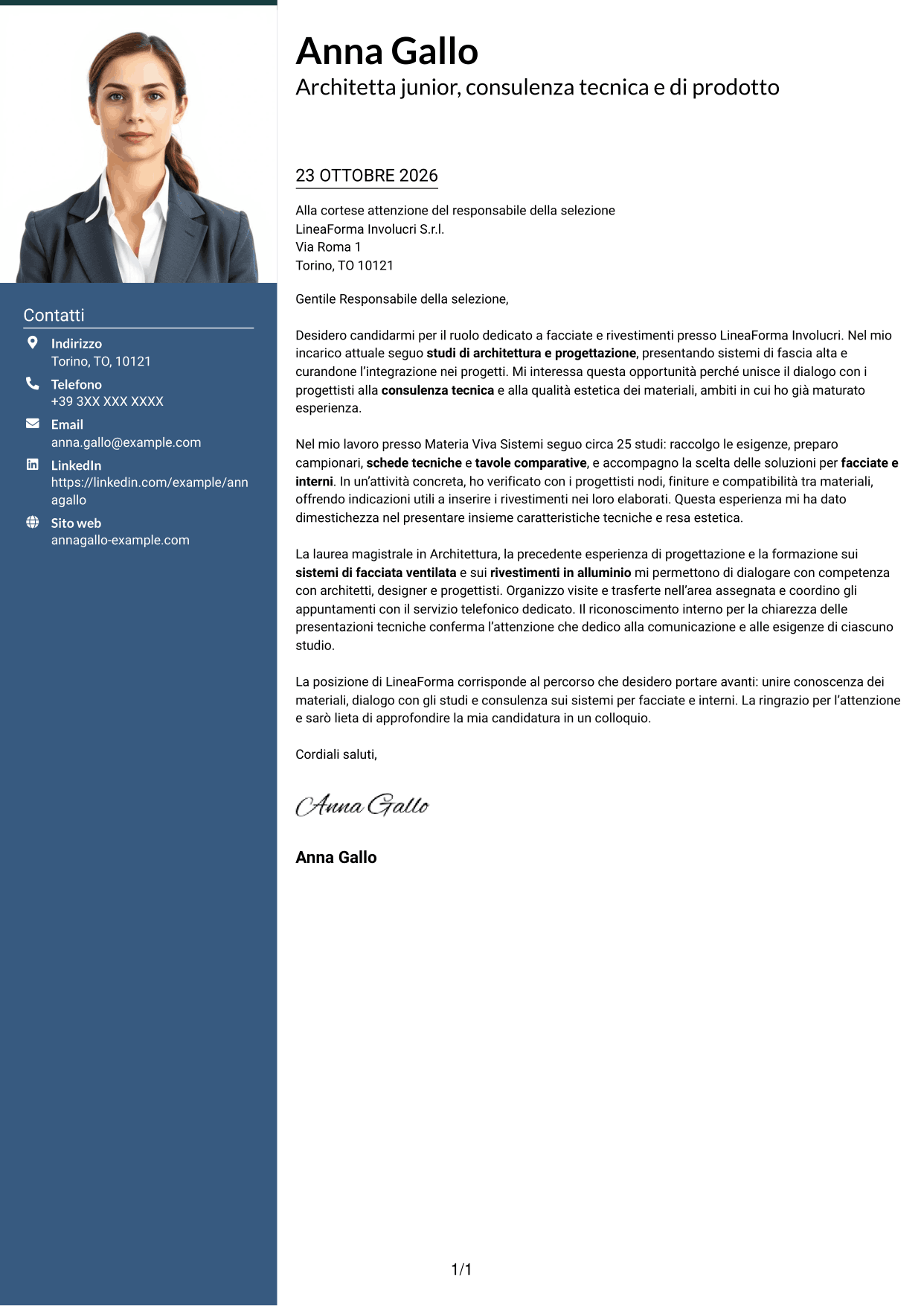 Lettera di presentazione Signature (formato con colonna laterale colorata e foto grande): Architetto Junior - Facciate e rivestimenti, pagina 1