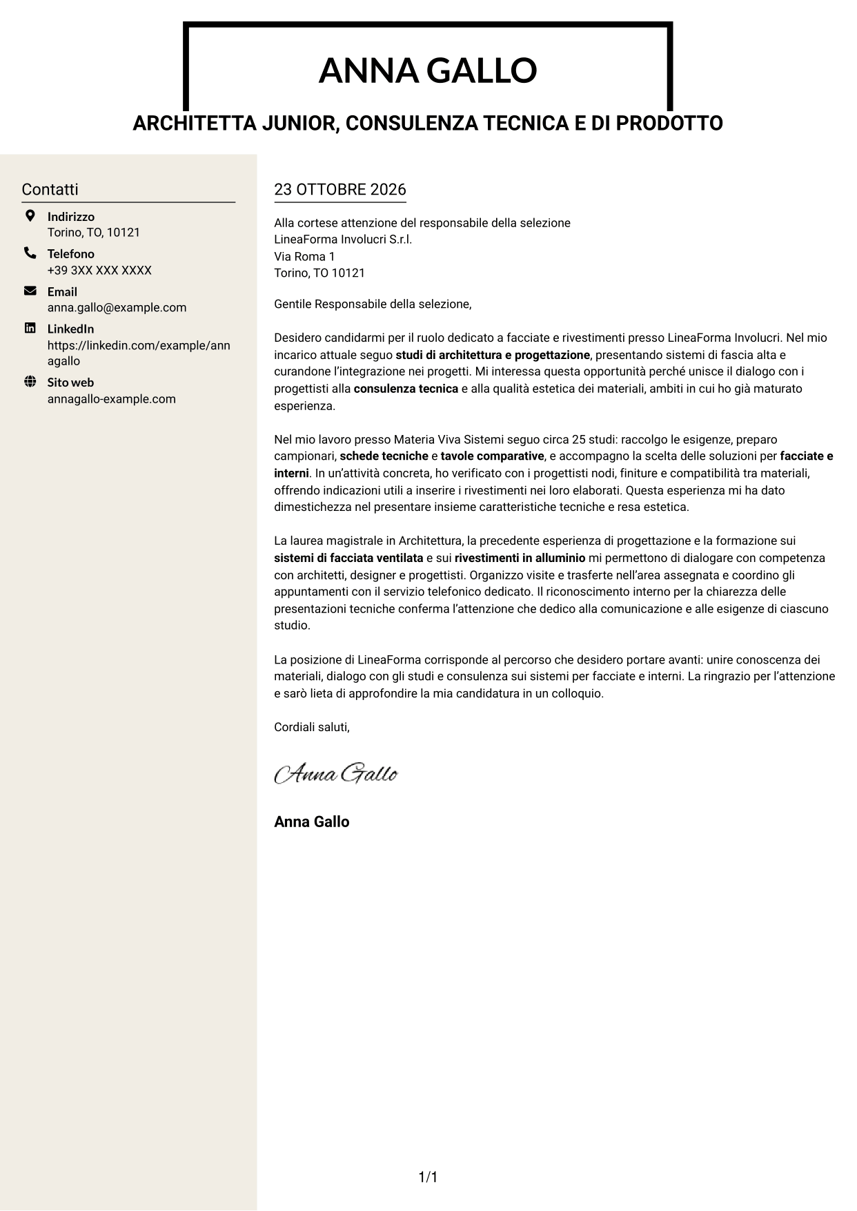 Lettera di presentazione Intraprendente (formato a due colonne con intestazione centrata senza foto): Architetto Junior - Facciate e rivestimenti, pagina 1