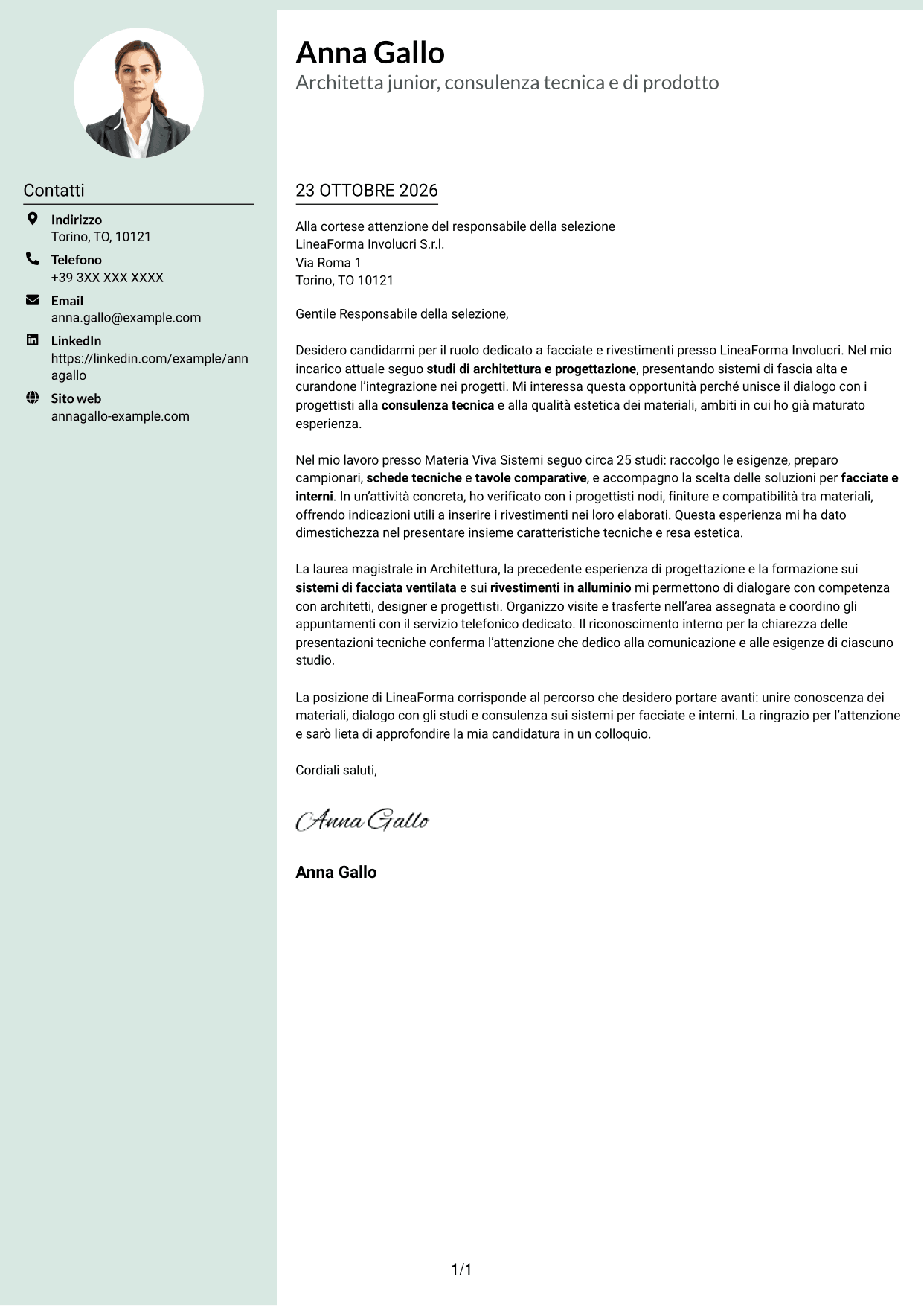Lettera di presentazione Dirigente (formato con colonna laterale tenue e foto arrotondata): Architetto Junior - Facciate e rivestimenti, pagina 1