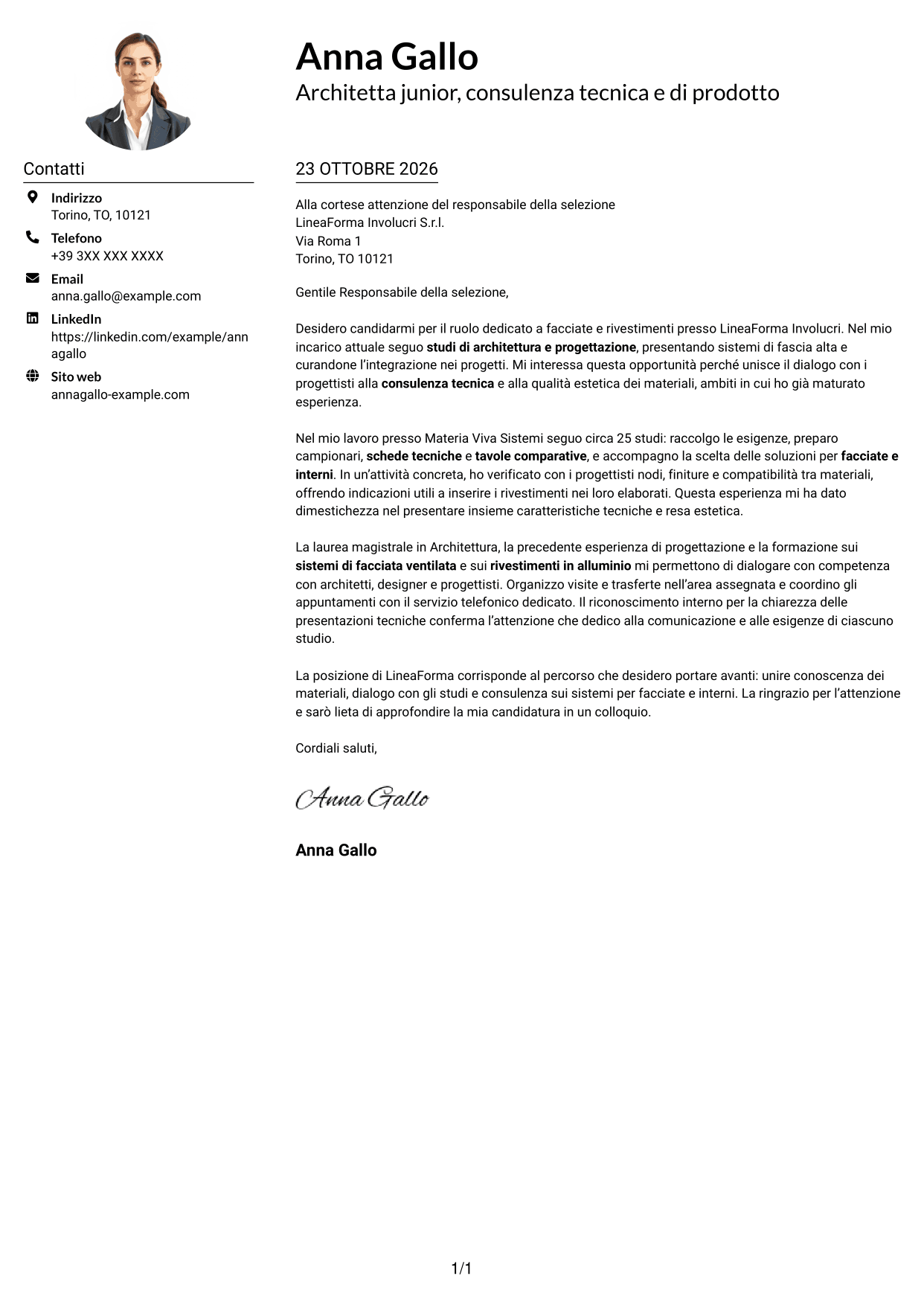 Esempio di lettera di presentazione — pagina 1
