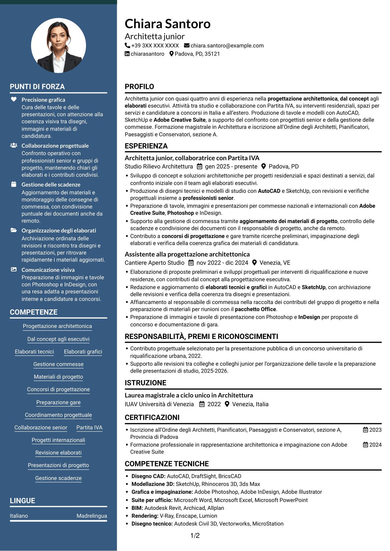 CV Elegante (formato con colonna laterale colorata e foto): Architetto Junior - Progettazione Architettonica, pagina 1