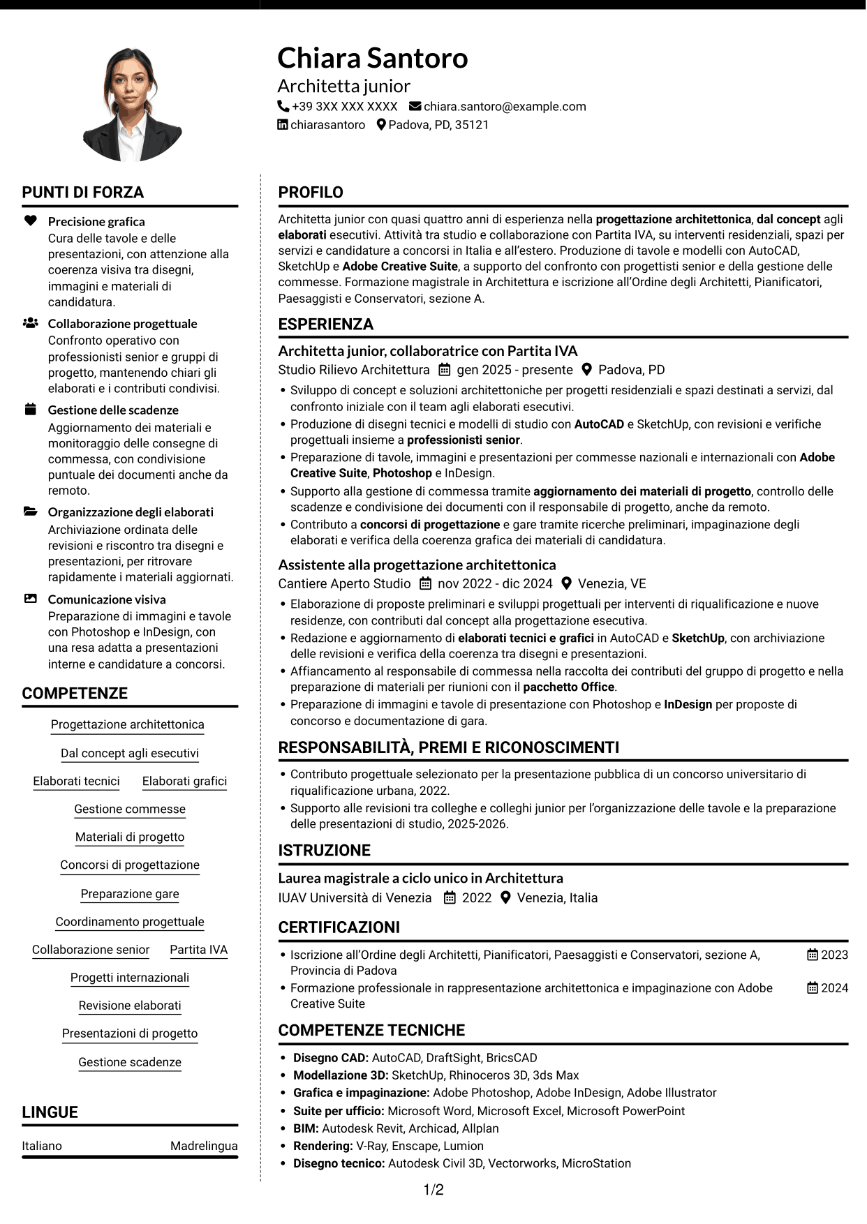 CV Moderno (formato a due colonne con foto a sinistra e separatore): Architetto Junior - Progettazione Architettonica, pagina 1
