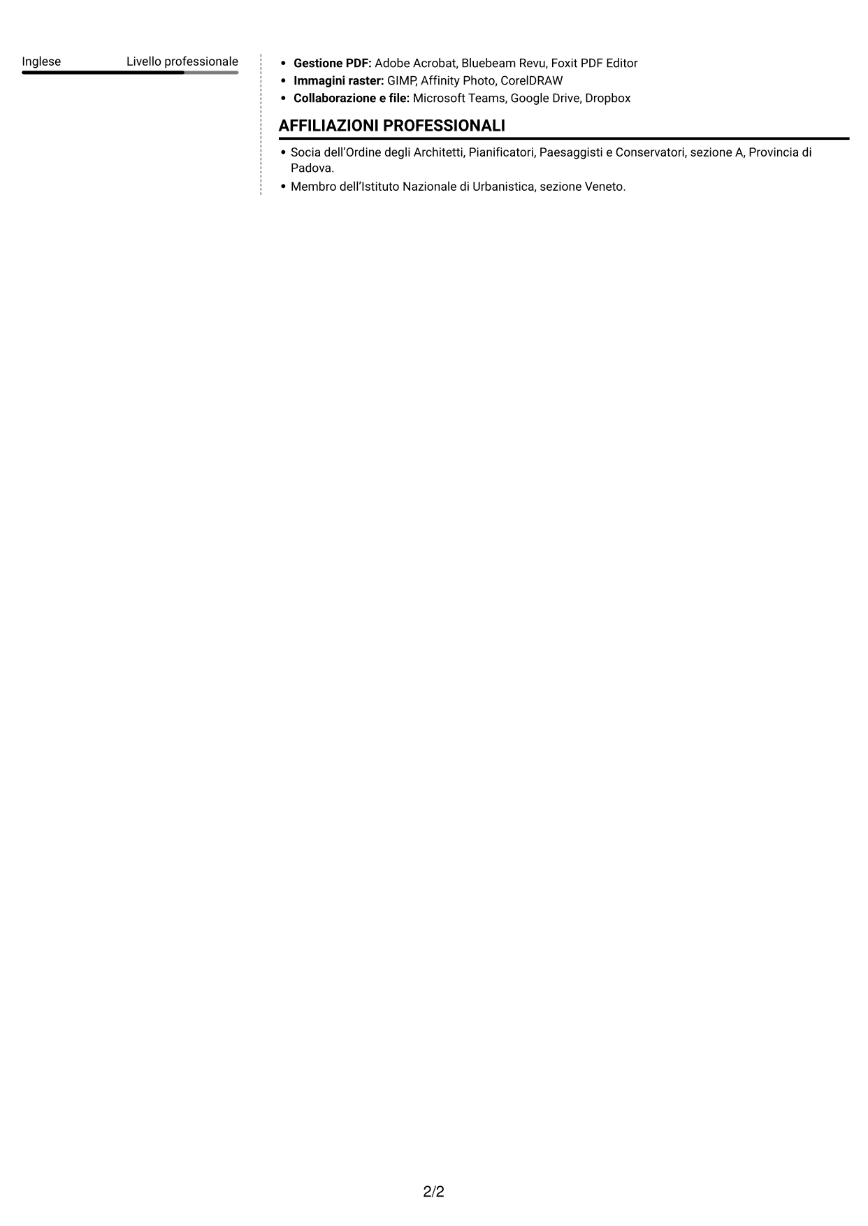CV Moderno (formato a due colonne con foto a sinistra e separatore): Architetto Junior - Progettazione Architettonica, pagina 2