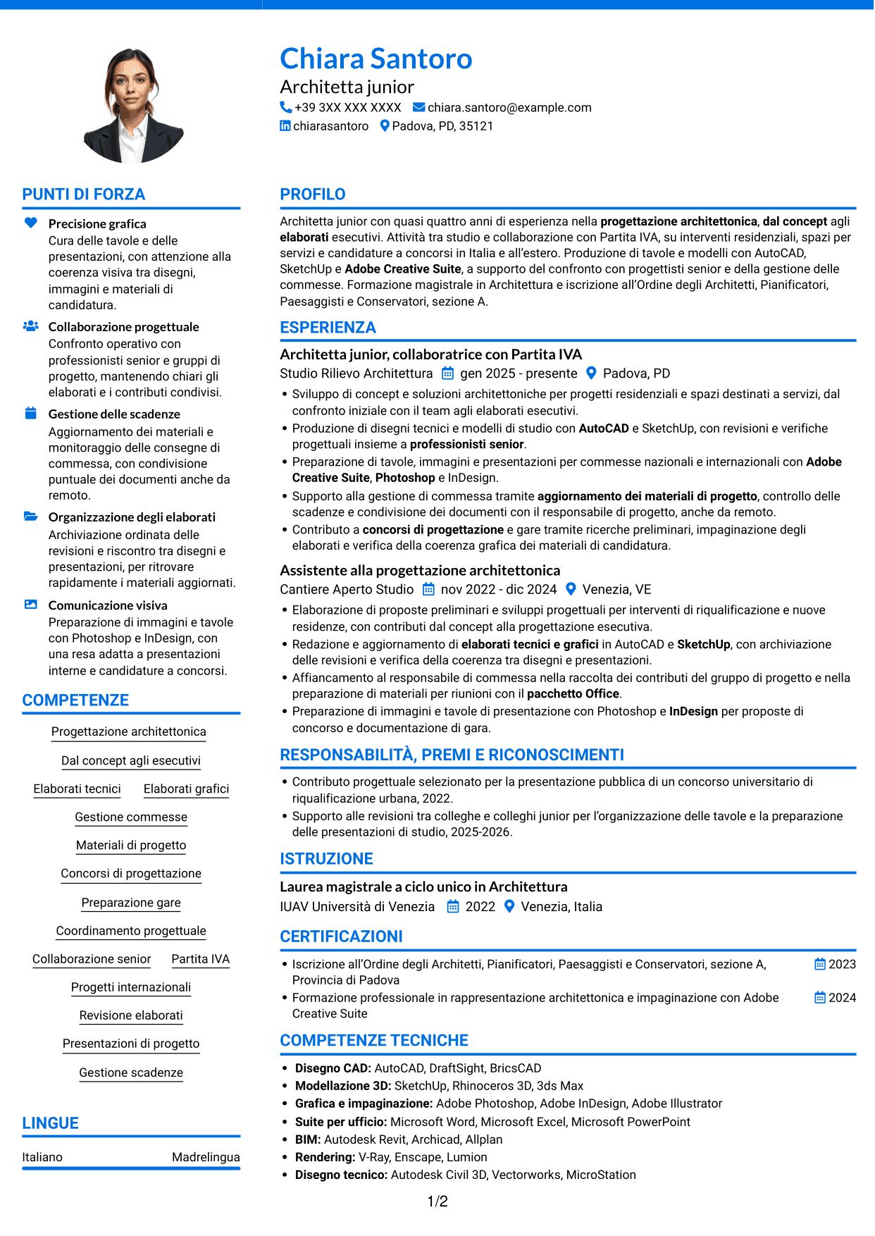 CV Audace (formato a due colonne con accenti colorati e foto): Architetto Junior - Progettazione Architettonica, pagina 1