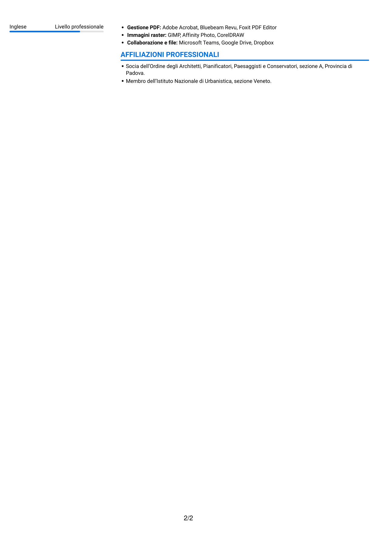 CV Audace (formato a due colonne con accenti colorati e foto): Architetto Junior - Progettazione Architettonica, pagina 2