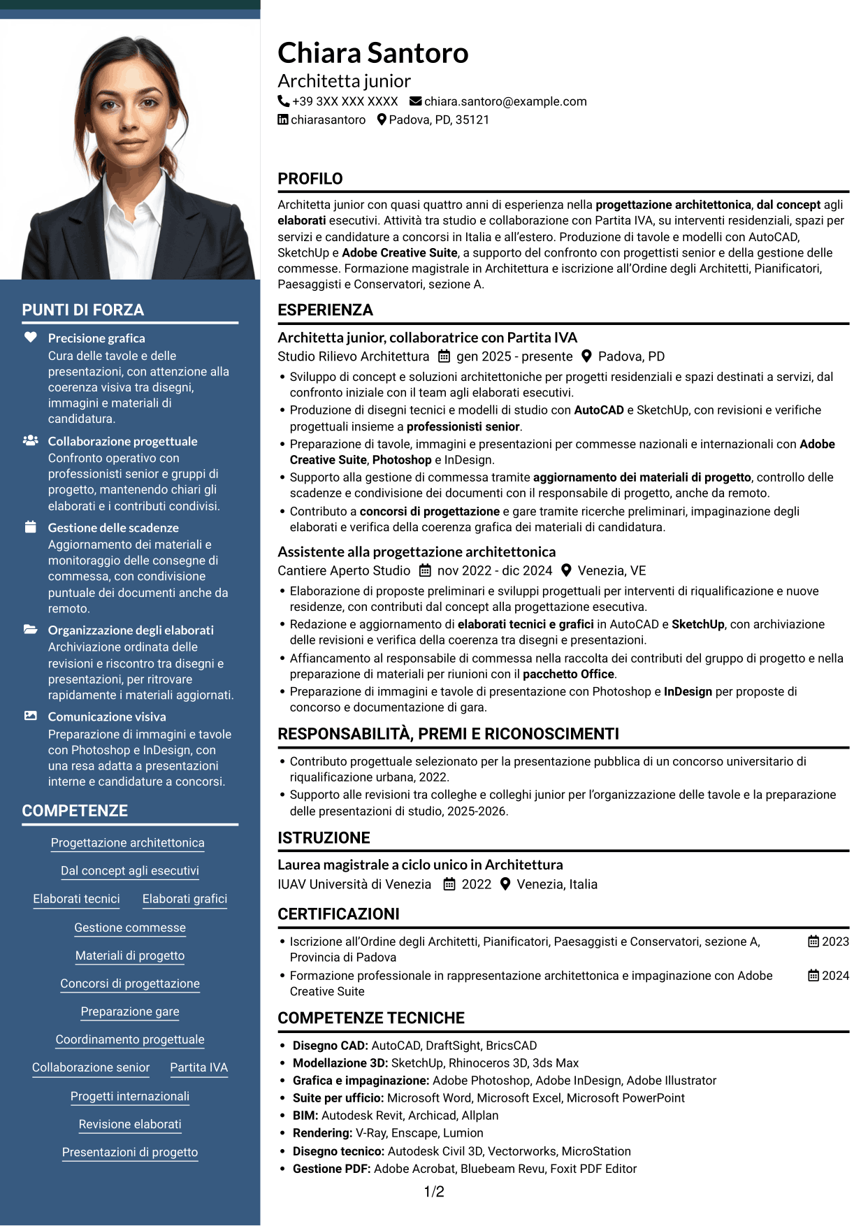 CV Signature (formato con colonna laterale colorata e foto grande): Architetto Junior - Progettazione Architettonica, pagina 1