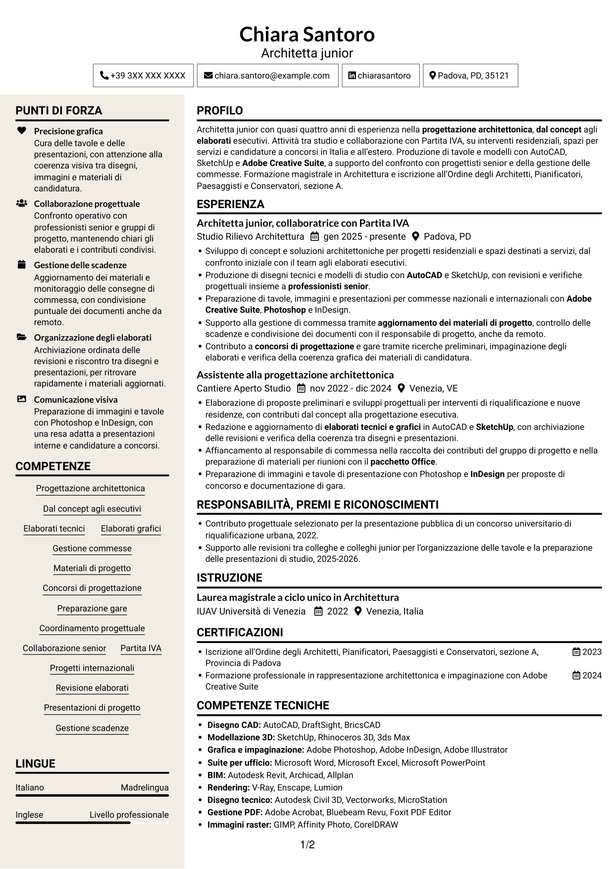CV Intraprendente (formato a due colonne con intestazione centrata senza foto): Architetto Junior - Progettazione Architettonica, pagina 1