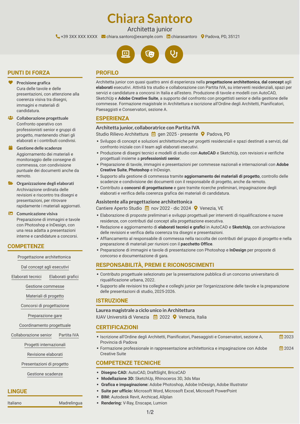 CV Dinamico (formato a due colonne con icone): Architetto Junior - Progettazione Architettonica, pagina 1