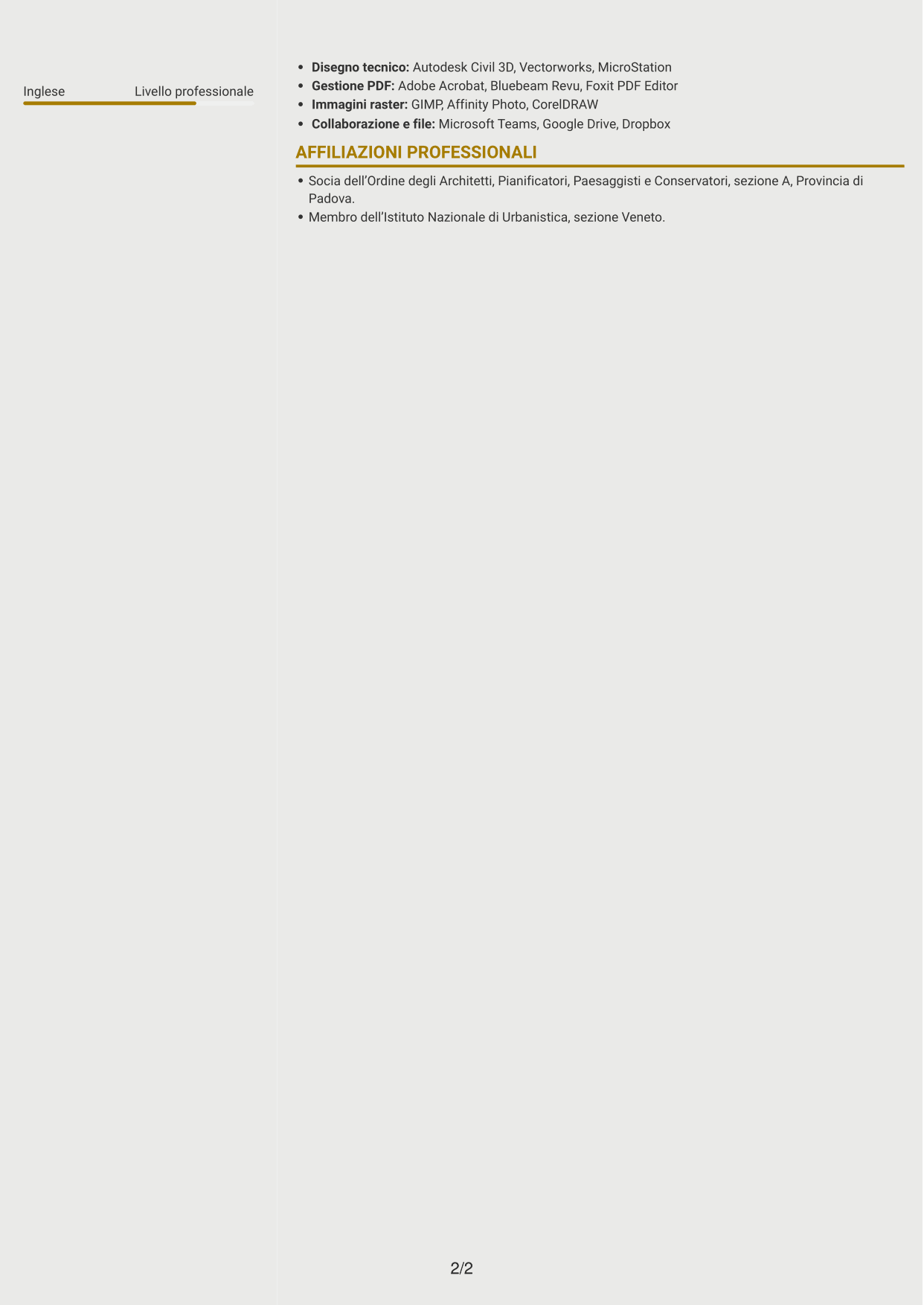 CV Dinamico (formato a due colonne con icone): Architetto Junior - Progettazione Architettonica, pagina 2
