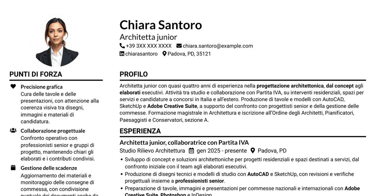 7 modelli di CV per Architetto Junior - Progettazione Architettonica, con esempi