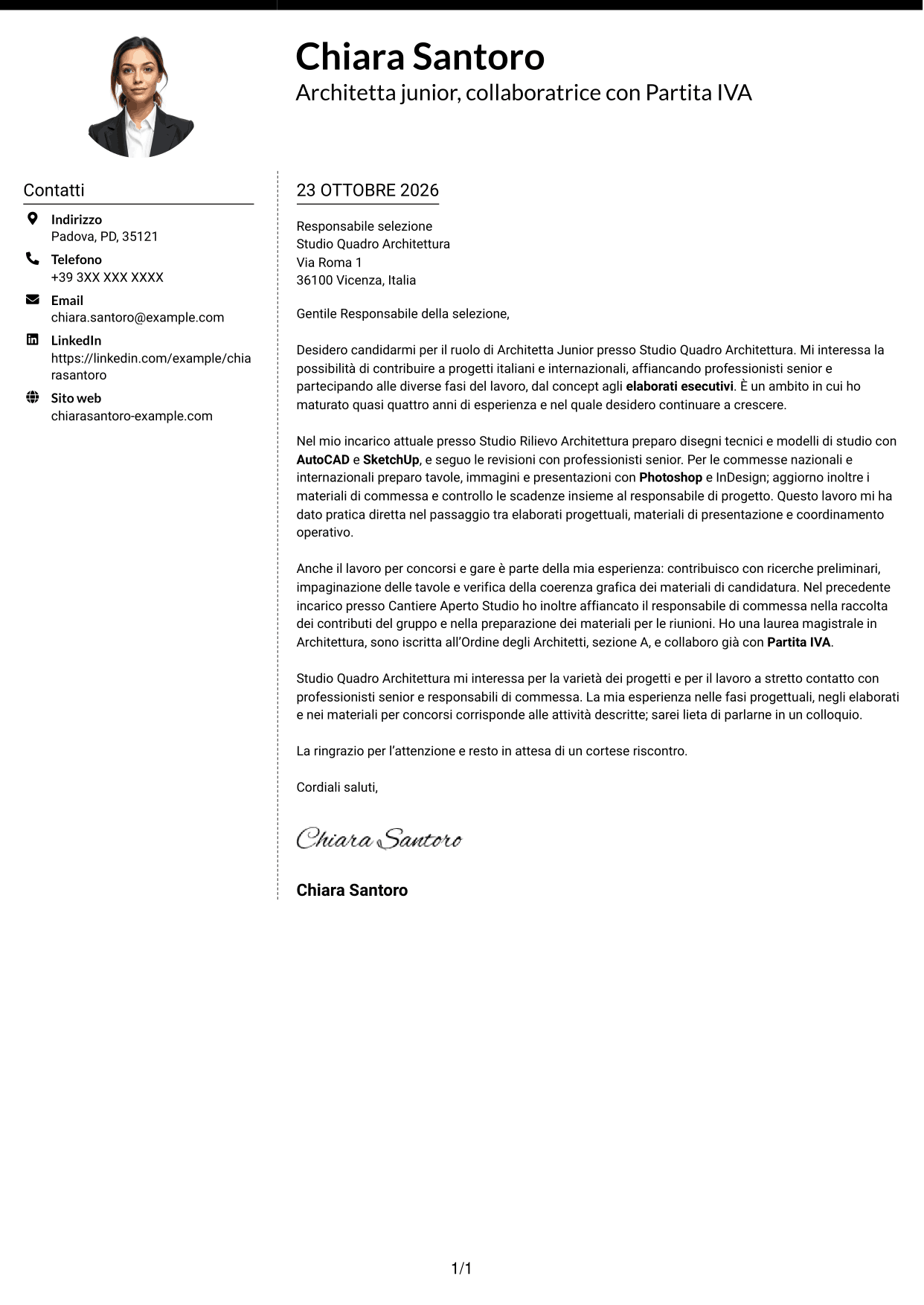 Lettera di presentazione Moderno (formato a due colonne con foto a sinistra e separatore): Architetto Junior - Progettazione Architettonica, pagina 1