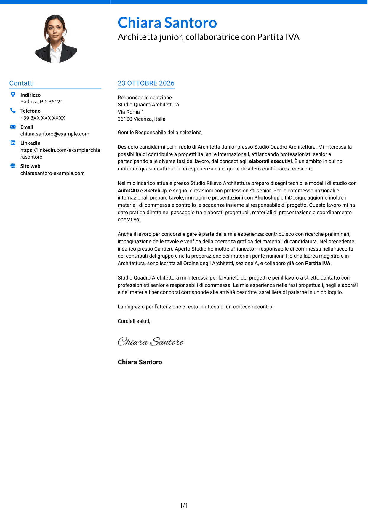 Lettera di presentazione Audace (formato a due colonne con accenti colorati e foto): Architetto Junior - Progettazione Architettonica, pagina 1