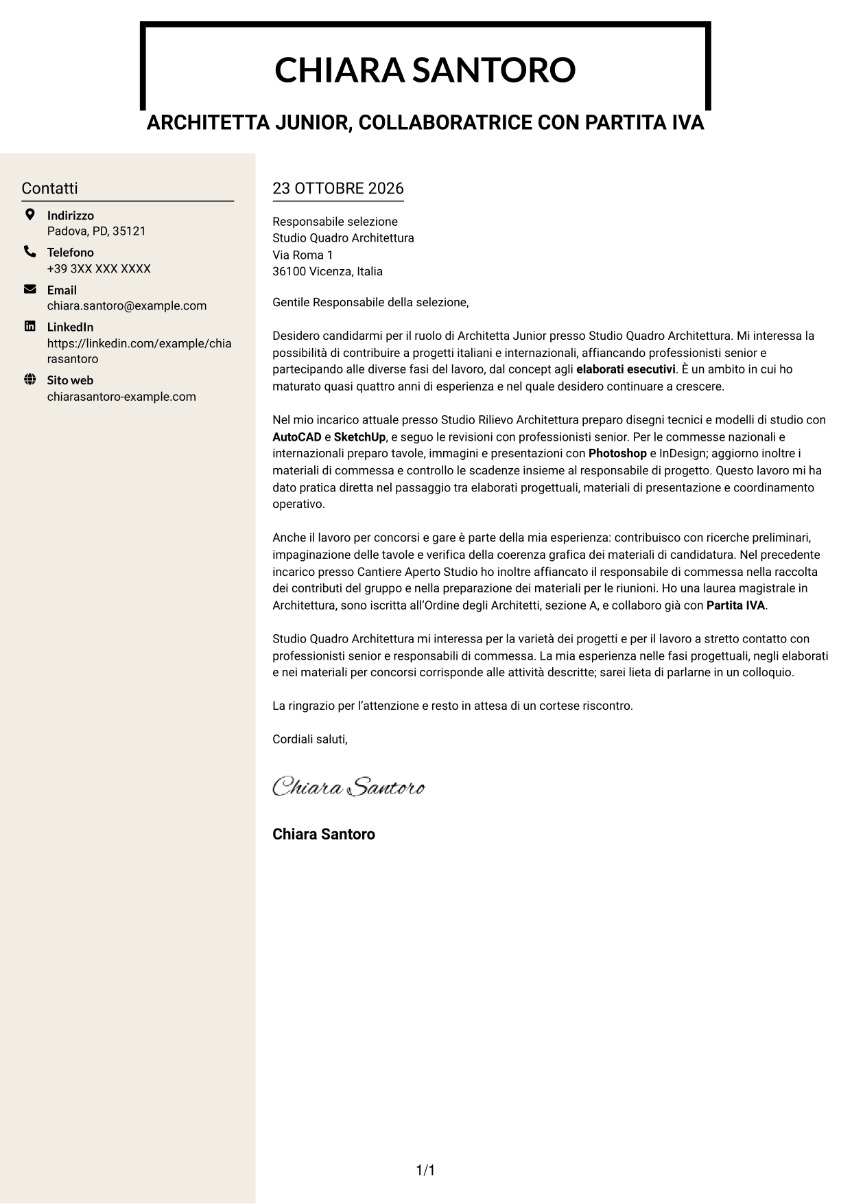 Lettera di presentazione Intraprendente (formato a due colonne con intestazione centrata senza foto): Architetto Junior - Progettazione Architettonica, pagina 1