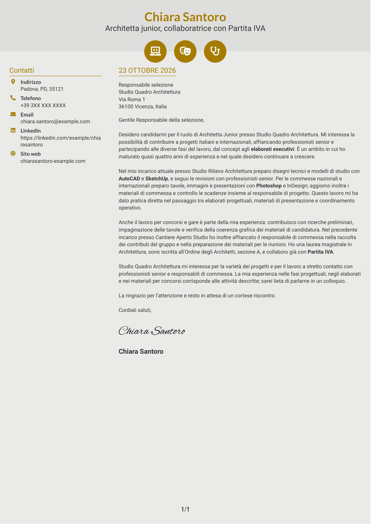 Lettera di presentazione Dinamico (formato a due colonne con icone): Architetto Junior - Progettazione Architettonica, pagina 1