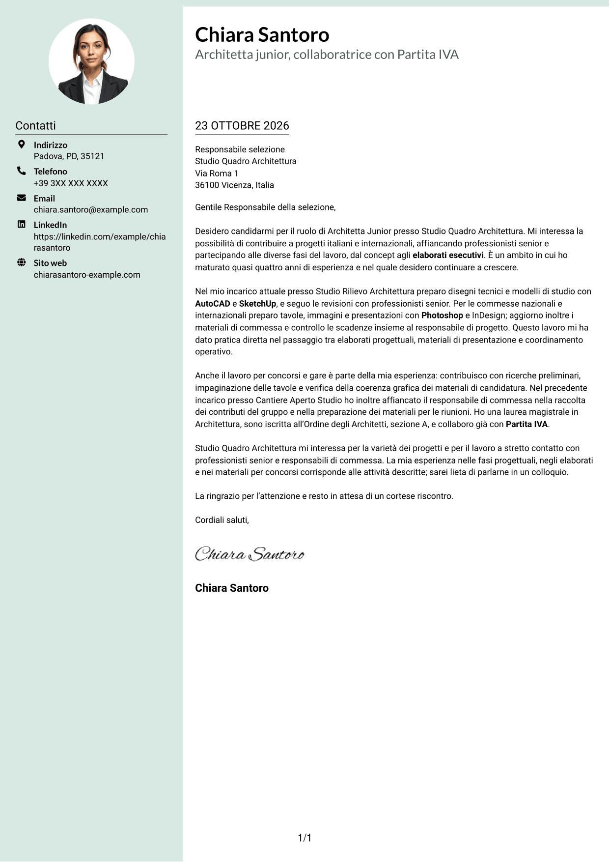 Lettera di presentazione Dirigente (formato con colonna laterale tenue e foto arrotondata): Architetto Junior - Progettazione Architettonica, pagina 1