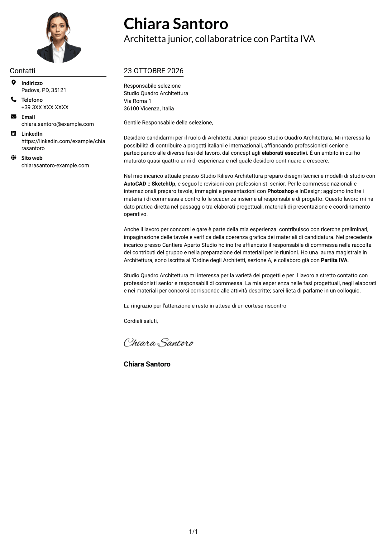 Esempio di lettera di presentazione — pagina 1