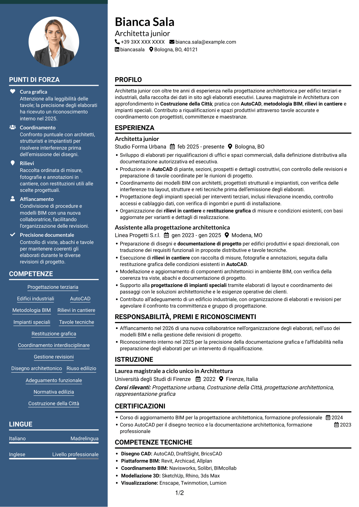 CV Elegante (formato con colonna laterale colorata e foto): Architetto junior - Progettazione architettonica terziaria e industriale, pagina 1
