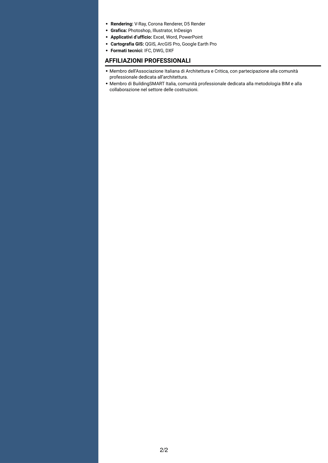 CV Elegante (formato con colonna laterale colorata e foto): Architetto junior - Progettazione architettonica terziaria e industriale, pagina 2
