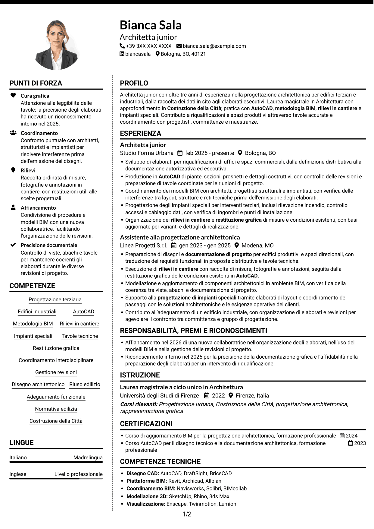 CV Moderno (formato a due colonne con foto a sinistra e separatore): Architetto junior - Progettazione architettonica terziaria e industriale, pagina 1
