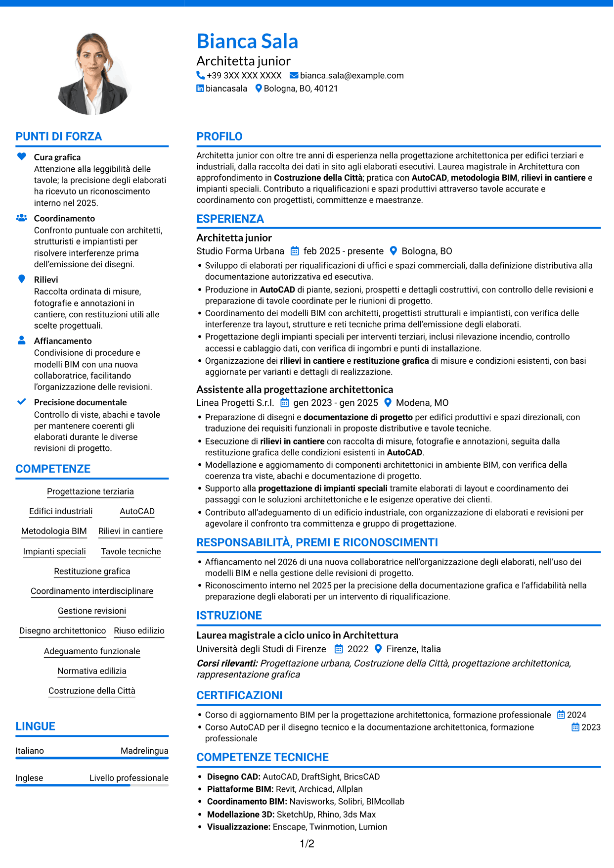CV Audace (formato a due colonne con accenti colorati e foto): Architetto junior - Progettazione architettonica terziaria e industriale, pagina 1