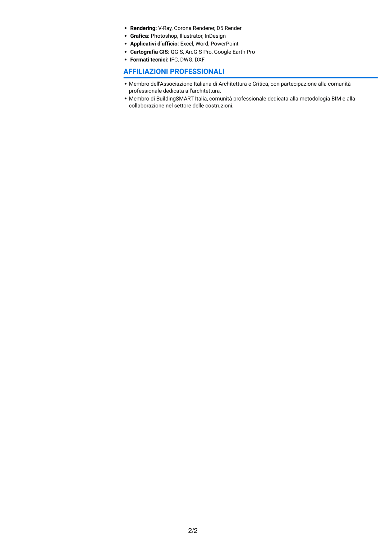 CV Audace (formato a due colonne con accenti colorati e foto): Architetto junior - Progettazione architettonica terziaria e industriale, pagina 2