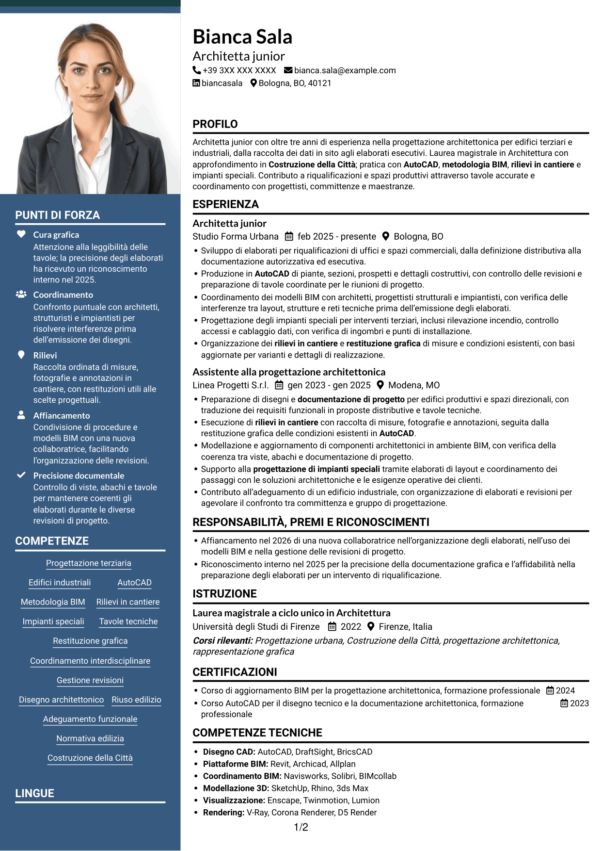 CV Signature (formato con colonna laterale colorata e foto grande): Architetto junior - Progettazione architettonica terziaria e industriale, pagina 1