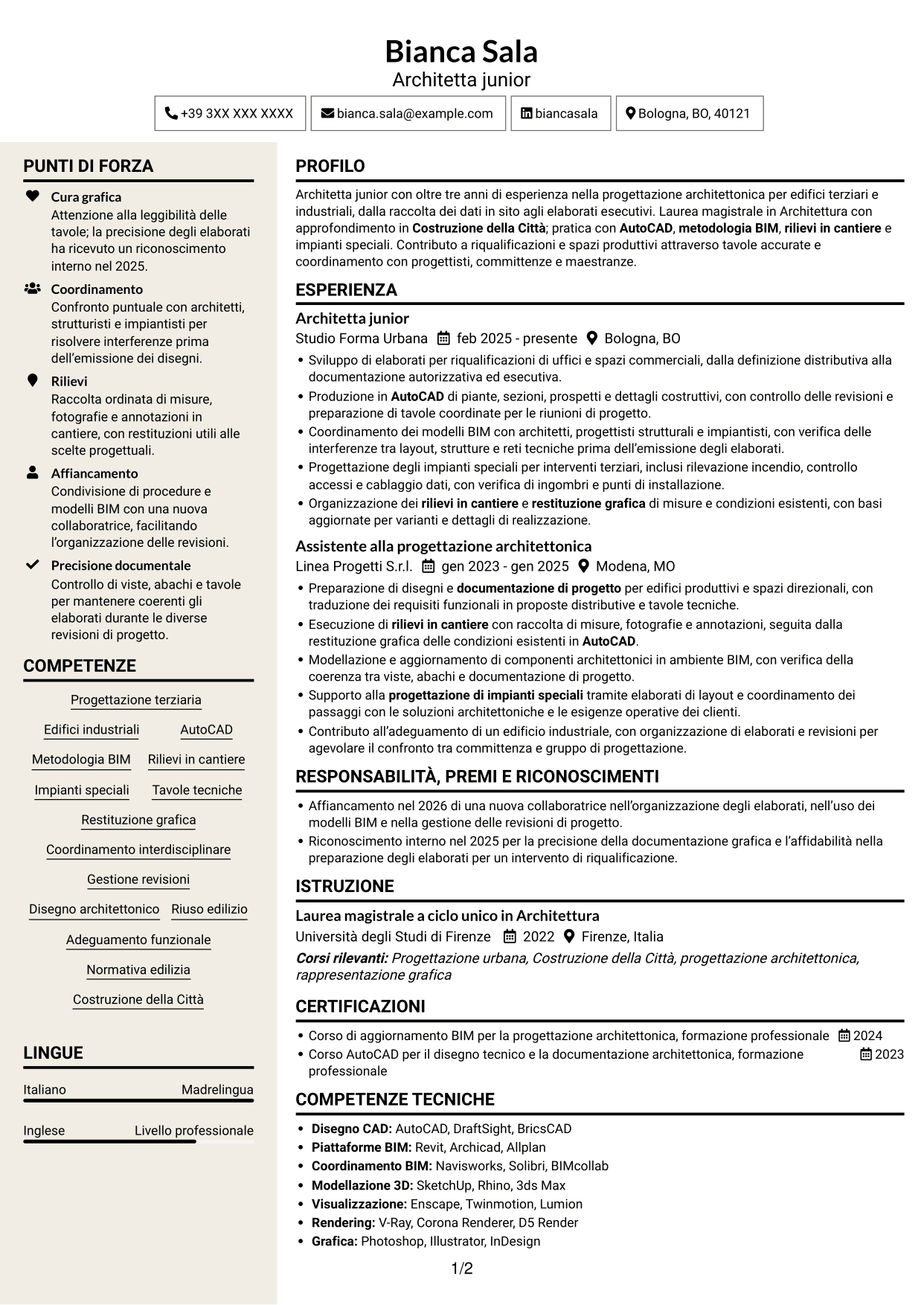 CV Intraprendente (formato a due colonne con intestazione centrata senza foto): Architetto junior - Progettazione architettonica terziaria e industriale, pagina 1
