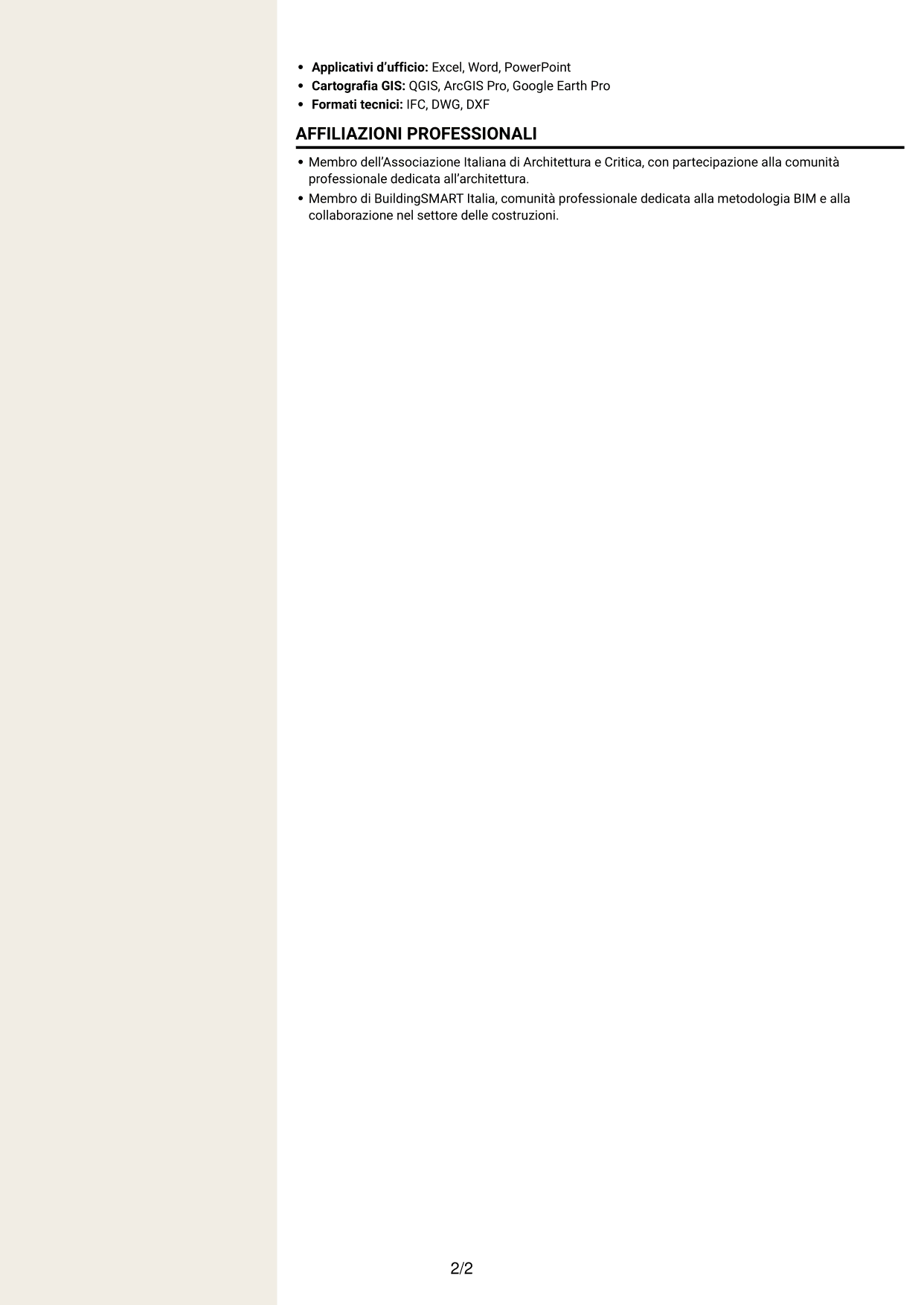 CV Intraprendente (formato a due colonne con intestazione centrata senza foto): Architetto junior - Progettazione architettonica terziaria e industriale, pagina 2