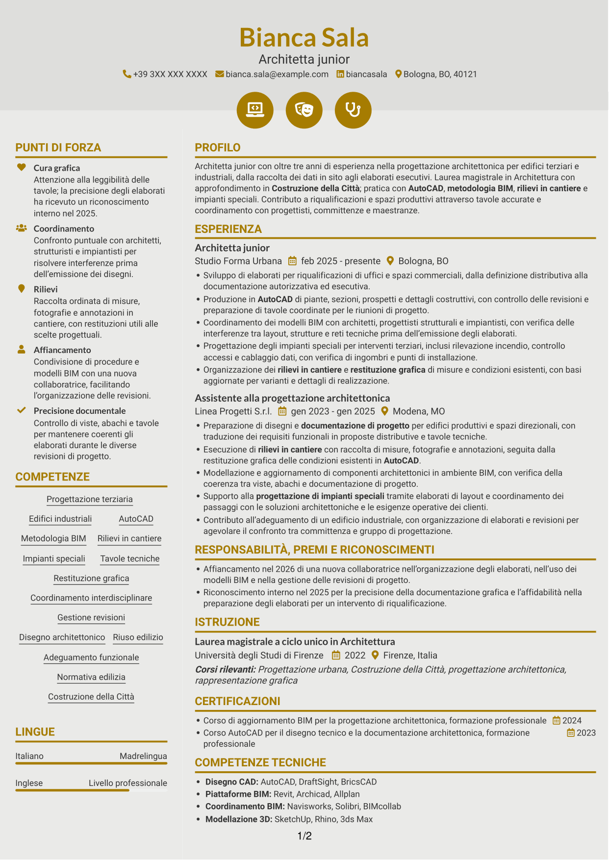 CV Dinamico (formato a due colonne con icone): Architetto junior - Progettazione architettonica terziaria e industriale, pagina 1