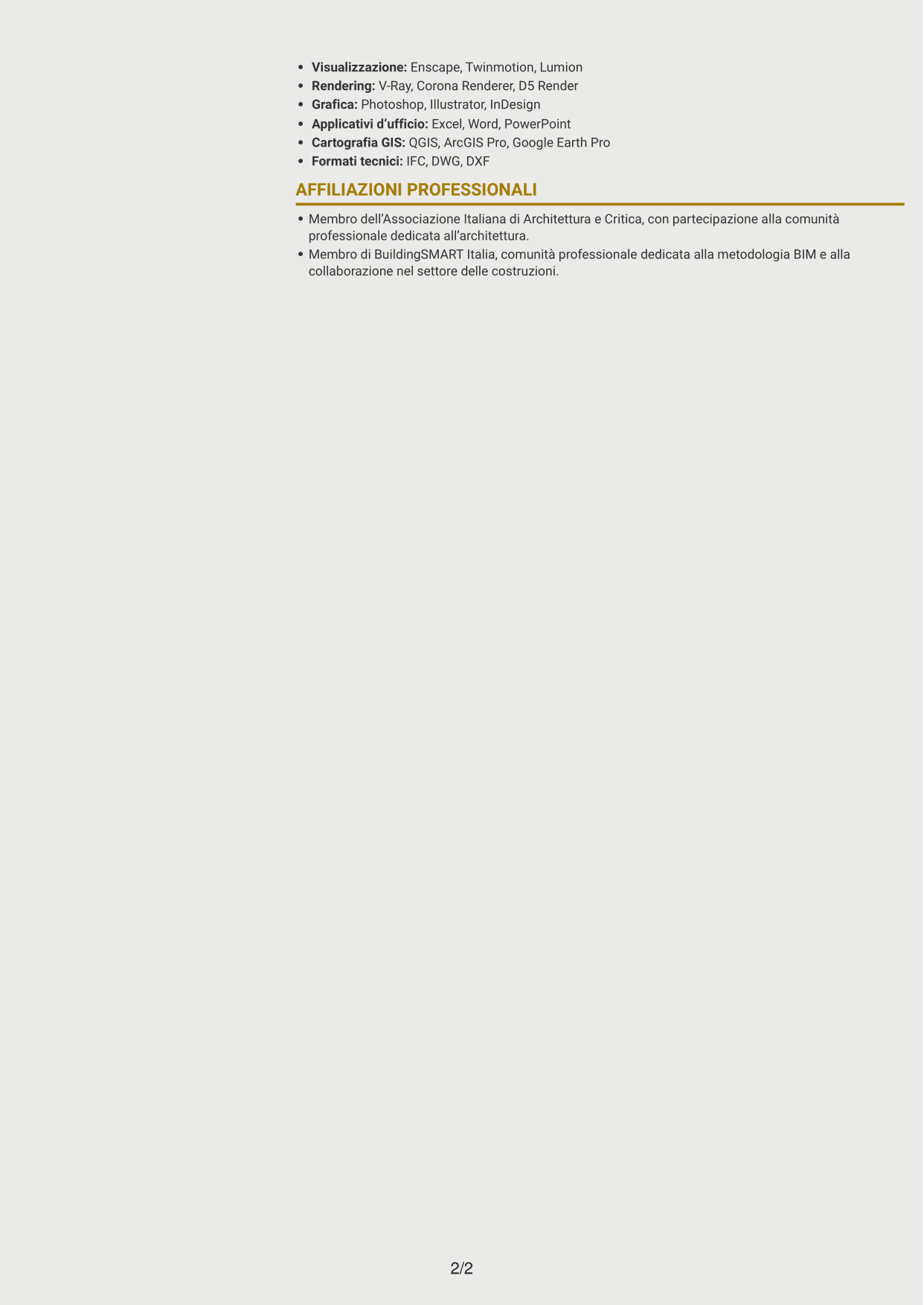 CV Dinamico (formato a due colonne con icone): Architetto junior - Progettazione architettonica terziaria e industriale, pagina 2