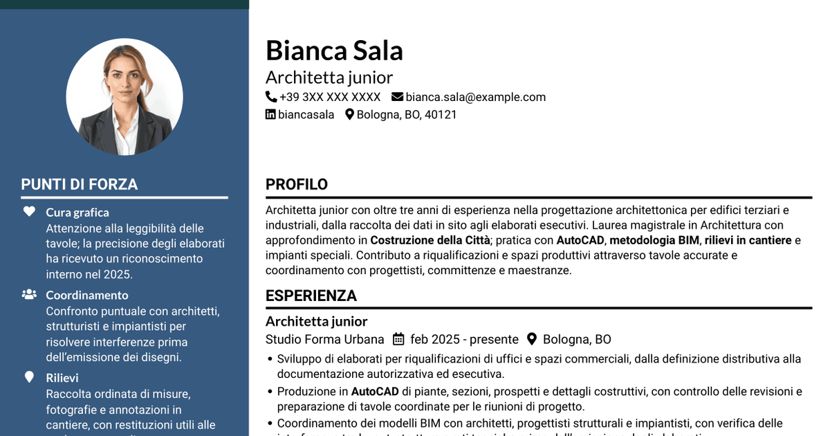 7 modelli di CV per Architetto junior - Progettazione architettonica terziaria e industriale, con esempi