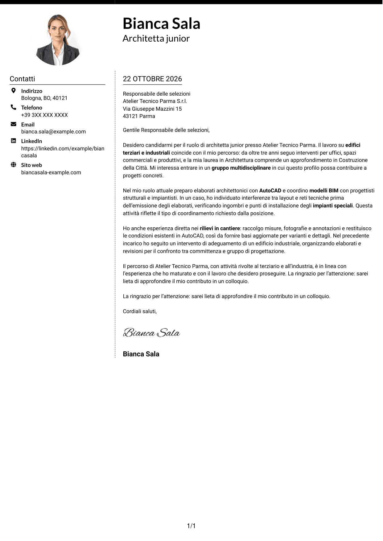 Lettera di presentazione Moderno (formato a due colonne con foto a sinistra e separatore): Architetto junior - Progettazione architettonica terziaria e industriale, pagina 1