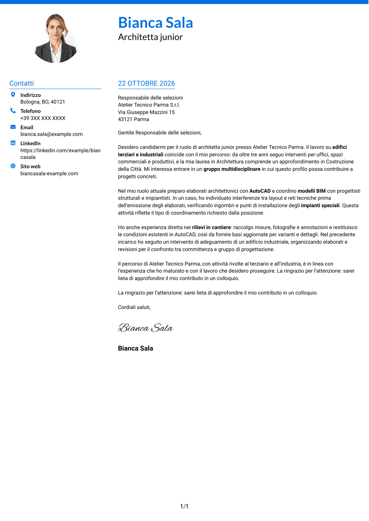 Lettera di presentazione Audace (formato a due colonne con accenti colorati e foto): Architetto junior - Progettazione architettonica terziaria e industriale, pagina 1