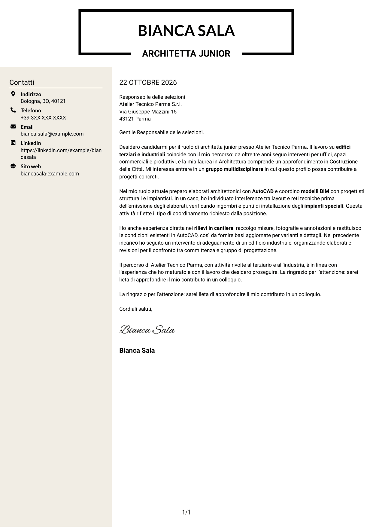 Lettera di presentazione Intraprendente (formato a due colonne con intestazione centrata senza foto): Architetto junior - Progettazione architettonica terziaria e industriale, pagina 1