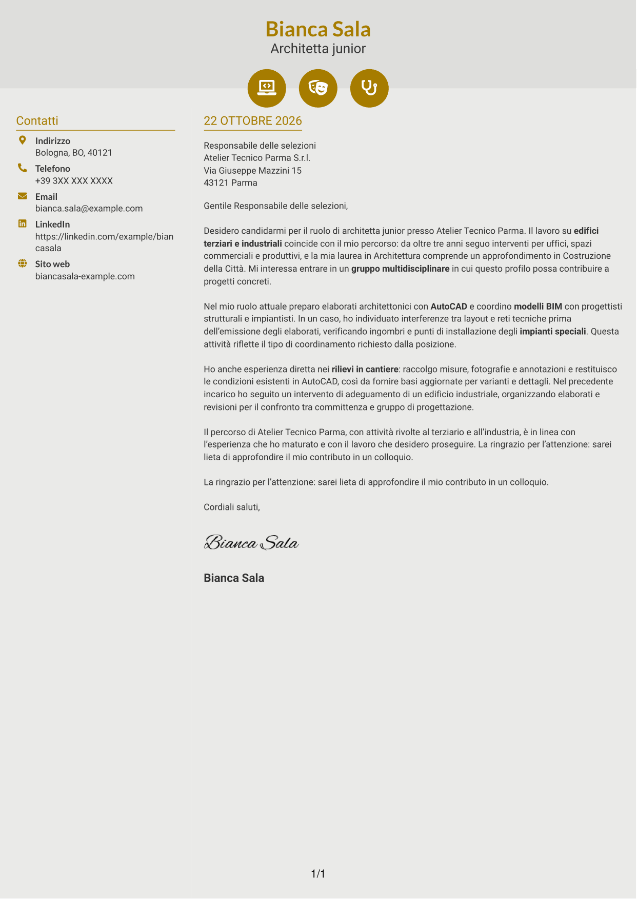 Lettera di presentazione Dinamico (formato a due colonne con icone): Architetto junior - Progettazione architettonica terziaria e industriale, pagina 1