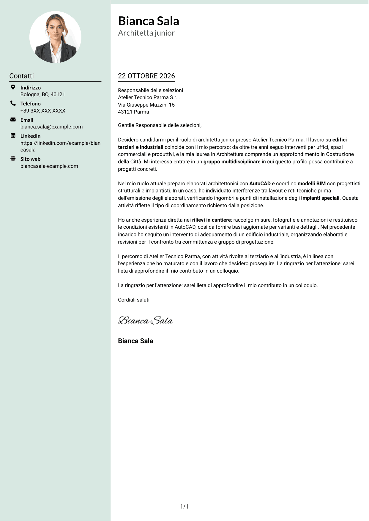 Lettera di presentazione Dirigente (formato con colonna laterale tenue e foto arrotondata): Architetto junior - Progettazione architettonica terziaria e industriale, pagina 1