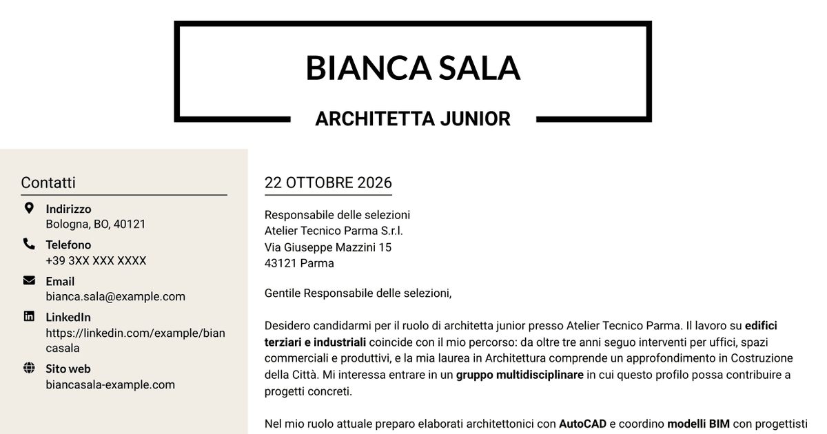 7 modelli di lettera di presentazione per Architetto junior - Progettazione architettonica terziaria e industriale, con esempi