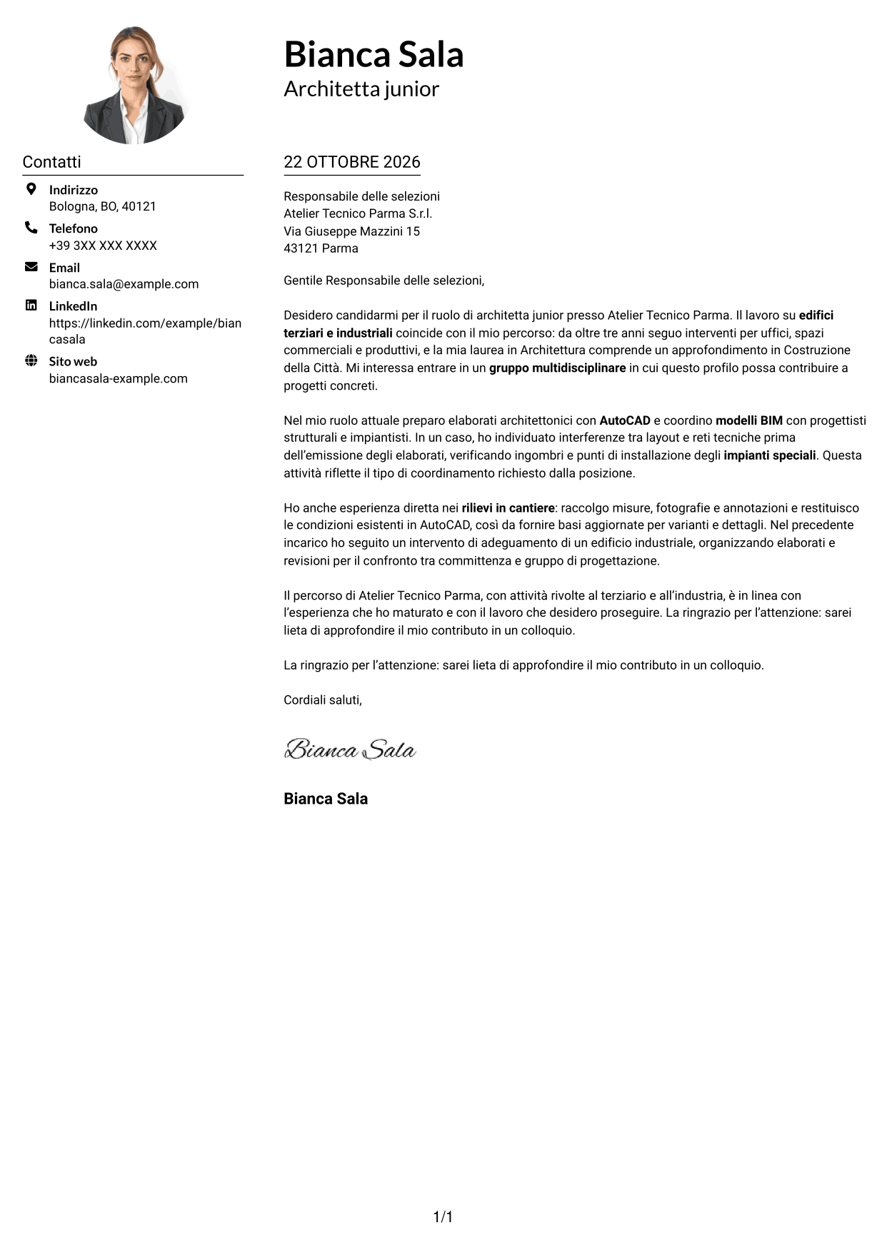 Esempio di lettera di presentazione — pagina 1