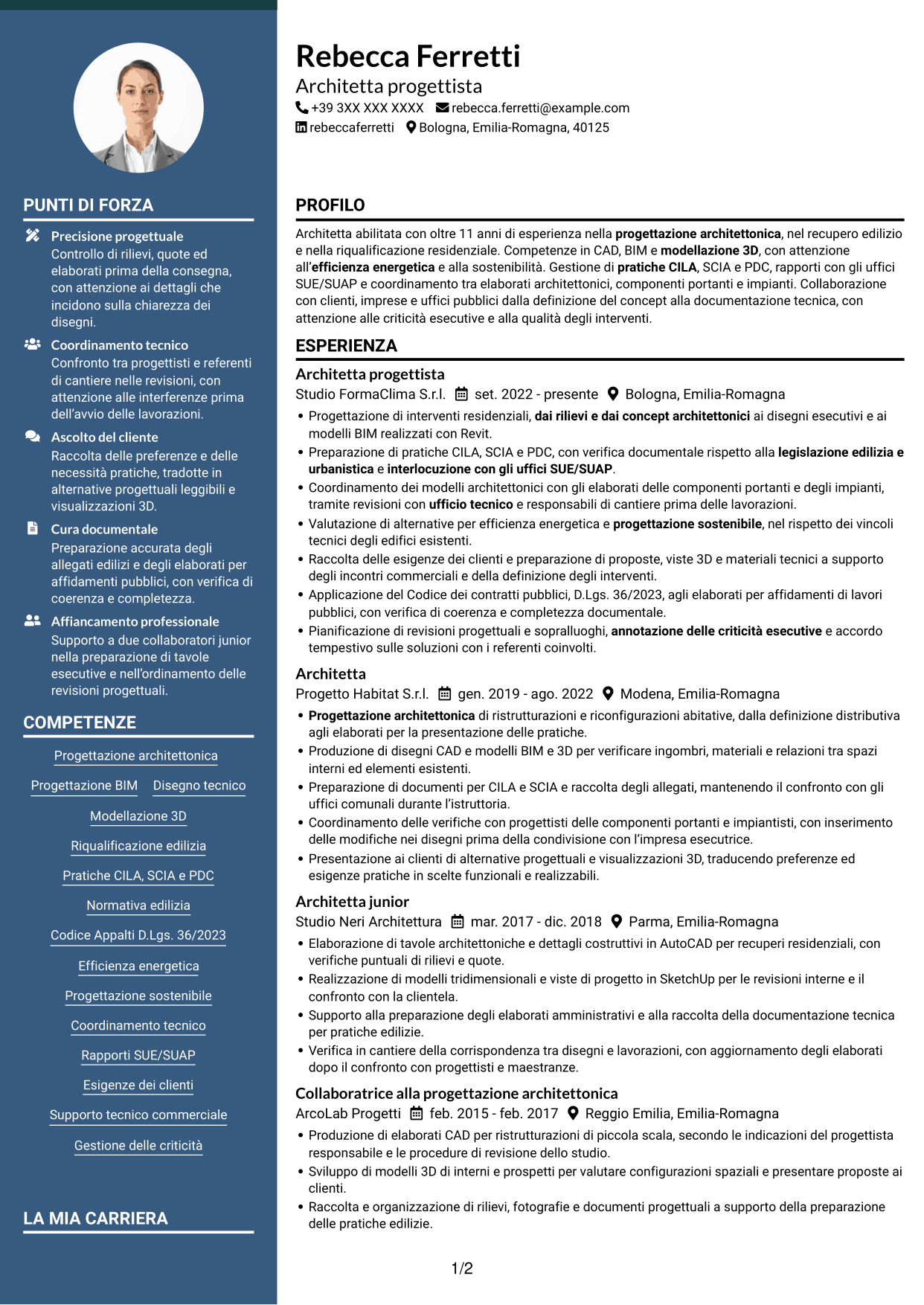CV Elegante (formato con colonna laterale colorata e foto): Architetto - Progettazione BIM sostenibile, pagina 1
