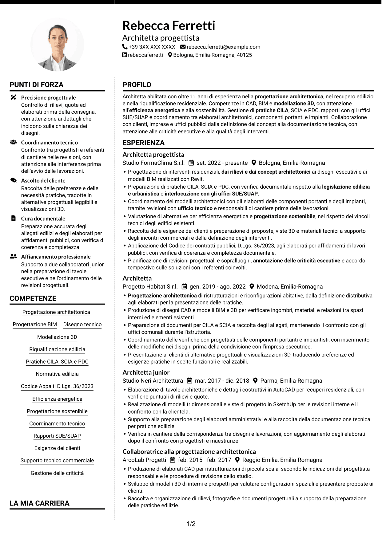 CV Moderno (formato a due colonne con foto a sinistra e separatore): Architetto - Progettazione BIM sostenibile, pagina 1