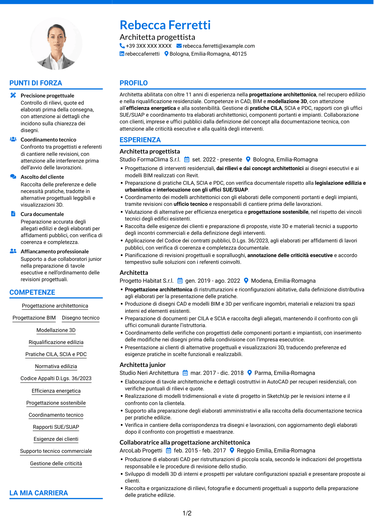 CV Audace (formato a due colonne con accenti colorati e foto): Architetto - Progettazione BIM sostenibile, pagina 1