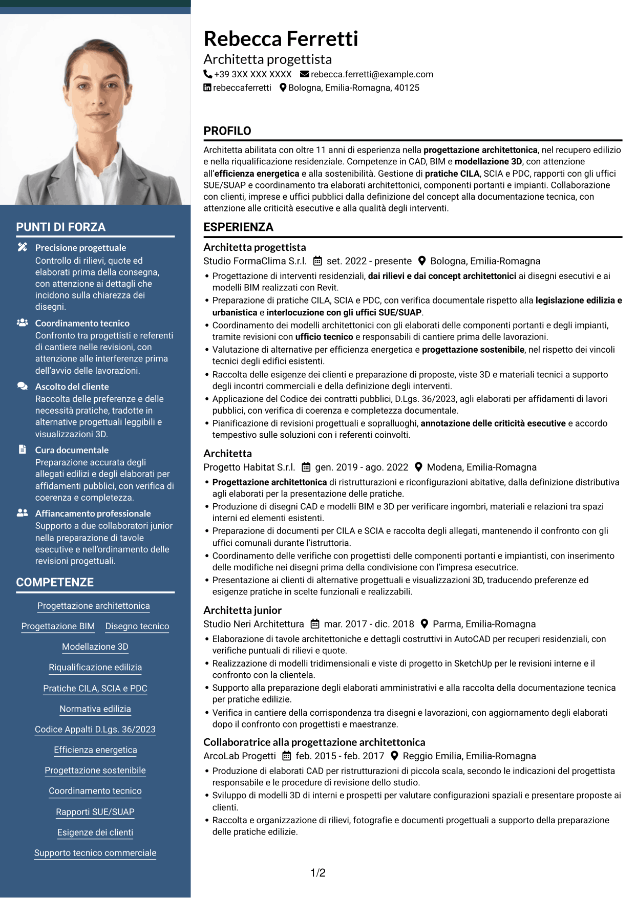 CV Signature (formato con colonna laterale colorata e foto grande): Architetto - Progettazione BIM sostenibile, pagina 1