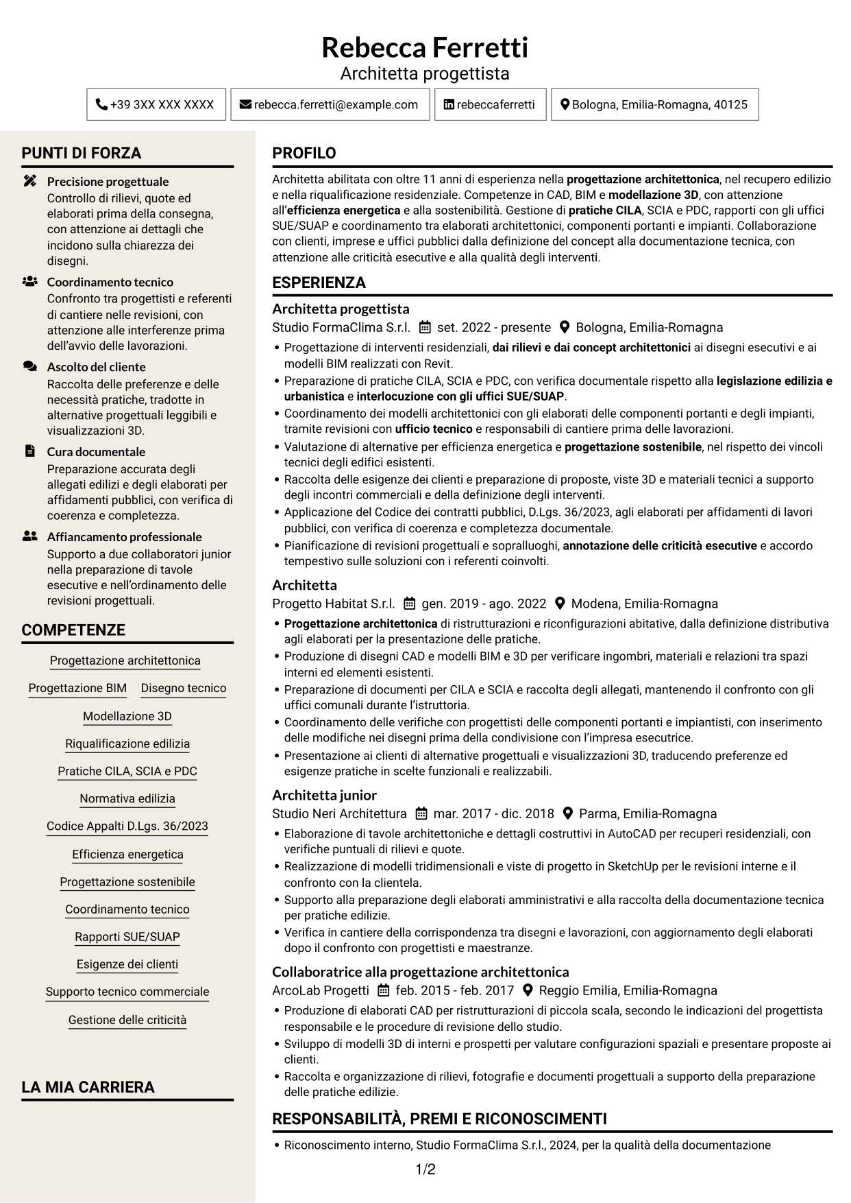 CV Intraprendente (formato a due colonne con intestazione centrata senza foto): Architetto - Progettazione BIM sostenibile, pagina 1