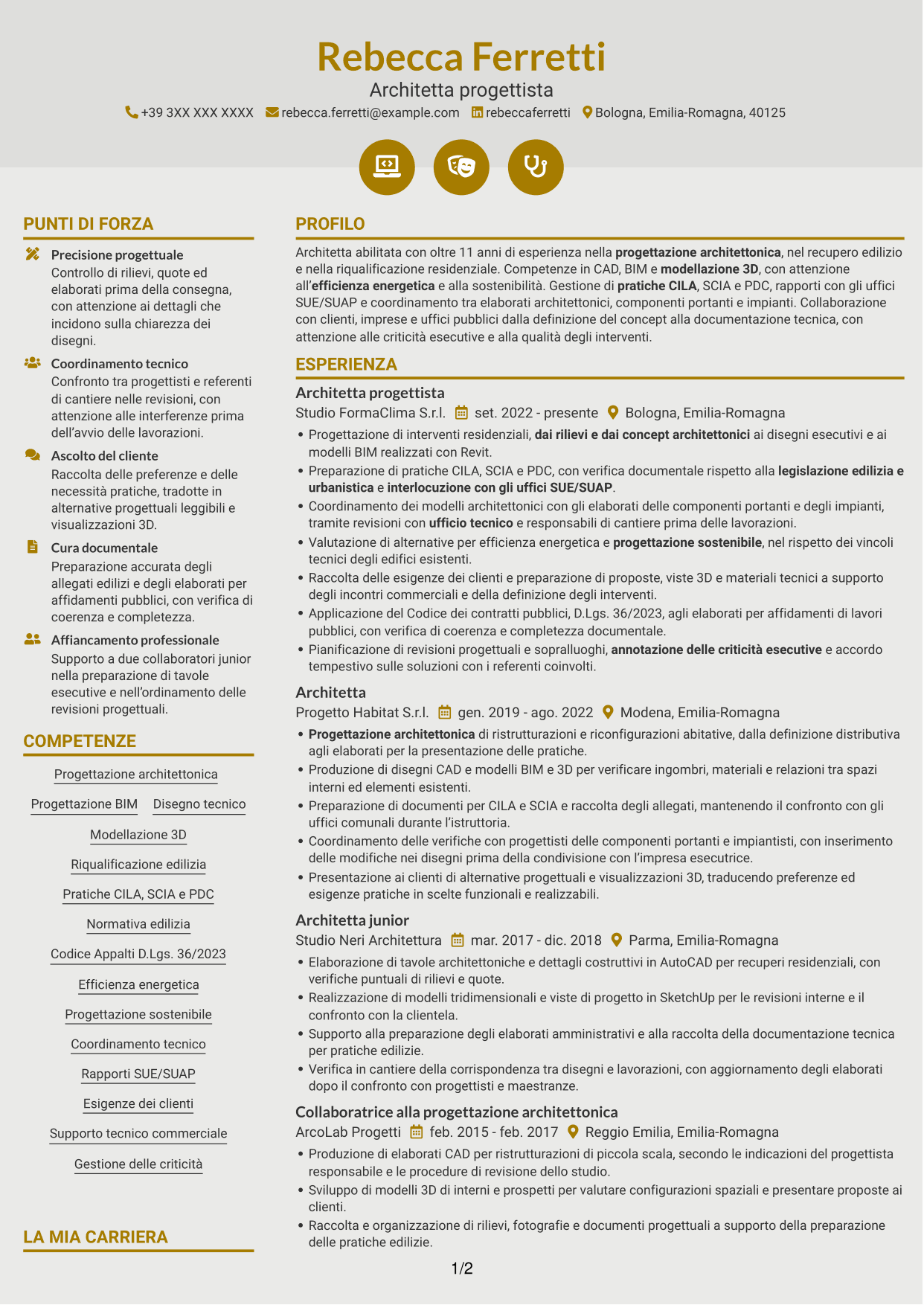 CV Dinamico (formato a due colonne con icone): Architetto - Progettazione BIM sostenibile, pagina 1