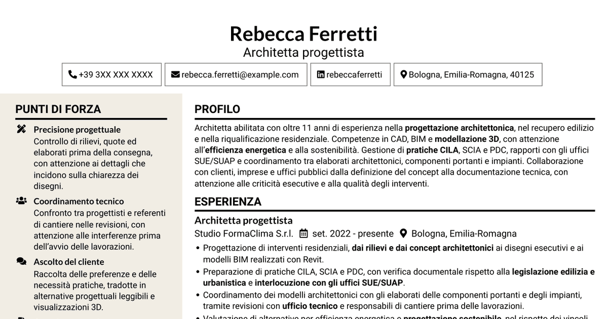 7 modelli di CV per Architetto - Progettazione BIM sostenibile, con esempi