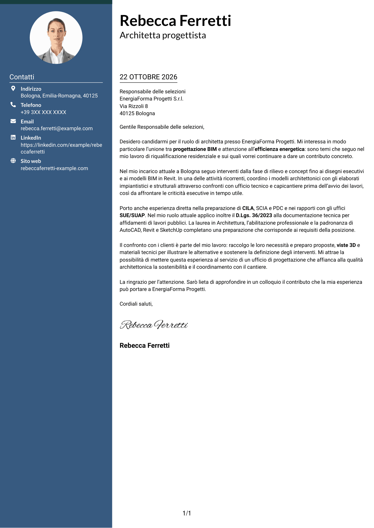 Lettera di presentazione Elegante (formato con colonna laterale colorata e foto): Architetto - Progettazione BIM sostenibile, pagina 1