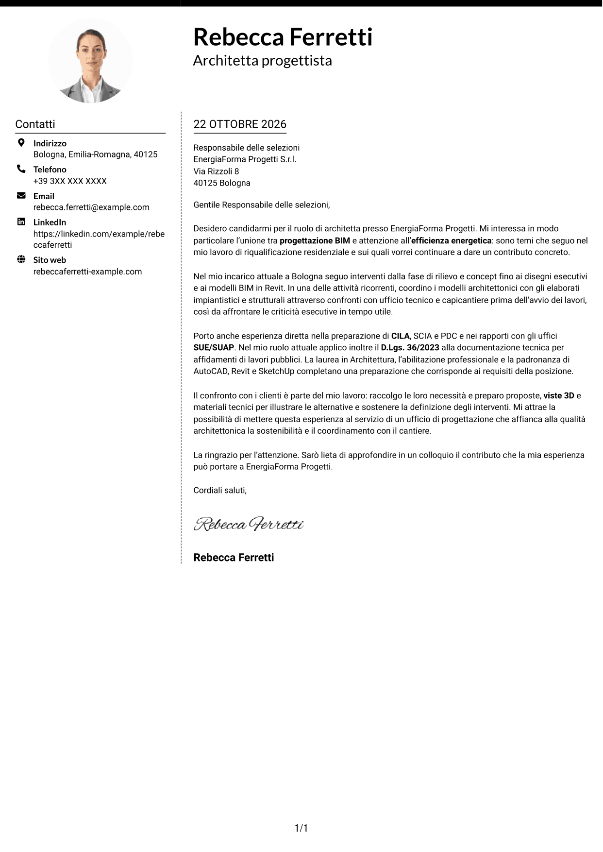 Lettera di presentazione Moderno (formato a due colonne con foto a sinistra e separatore): Architetto - Progettazione BIM sostenibile, pagina 1