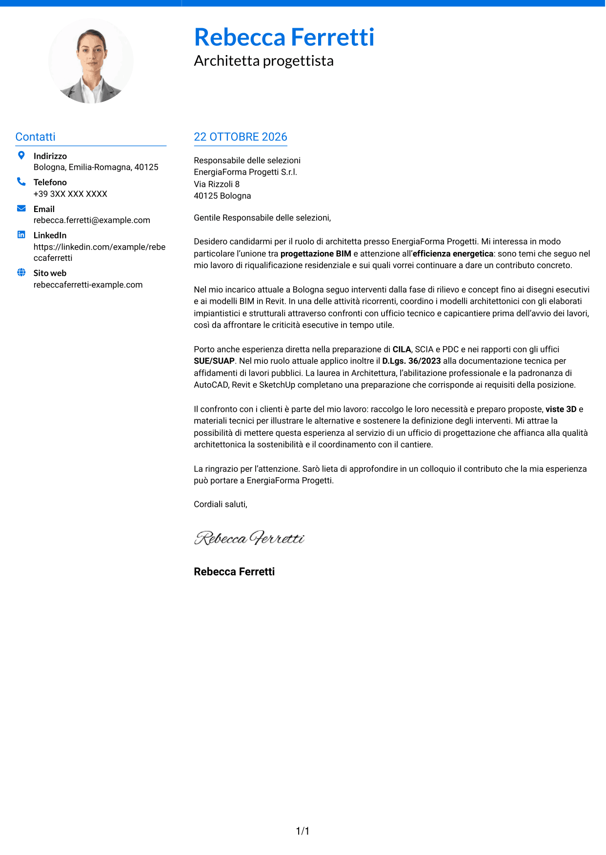 Lettera di presentazione Audace (formato a due colonne con accenti colorati e foto): Architetto - Progettazione BIM sostenibile, pagina 1