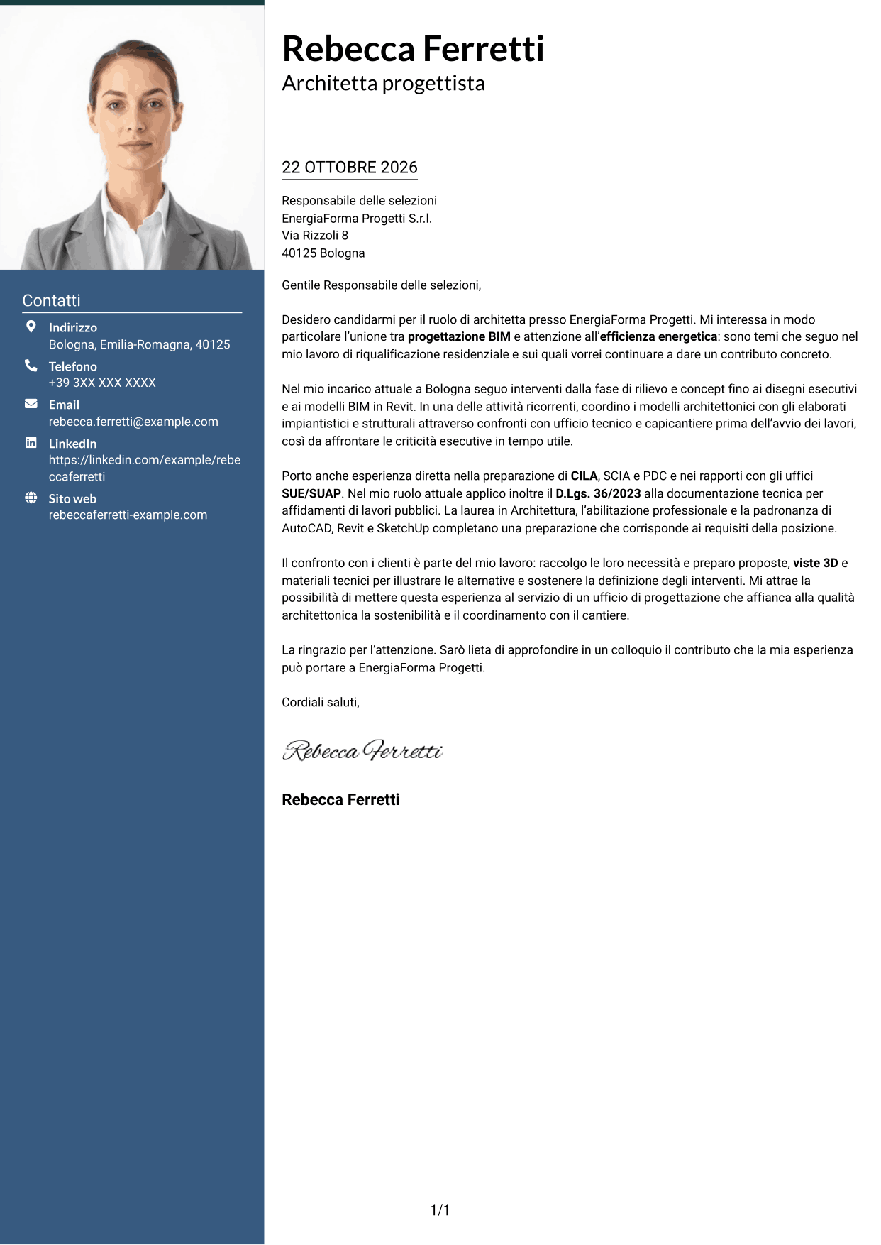 Lettera di presentazione Signature (formato con colonna laterale colorata e foto grande): Architetto - Progettazione BIM sostenibile, pagina 1