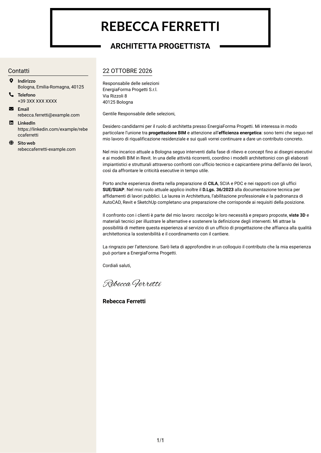 Lettera di presentazione Intraprendente (formato a due colonne con intestazione centrata senza foto): Architetto - Progettazione BIM sostenibile, pagina 1